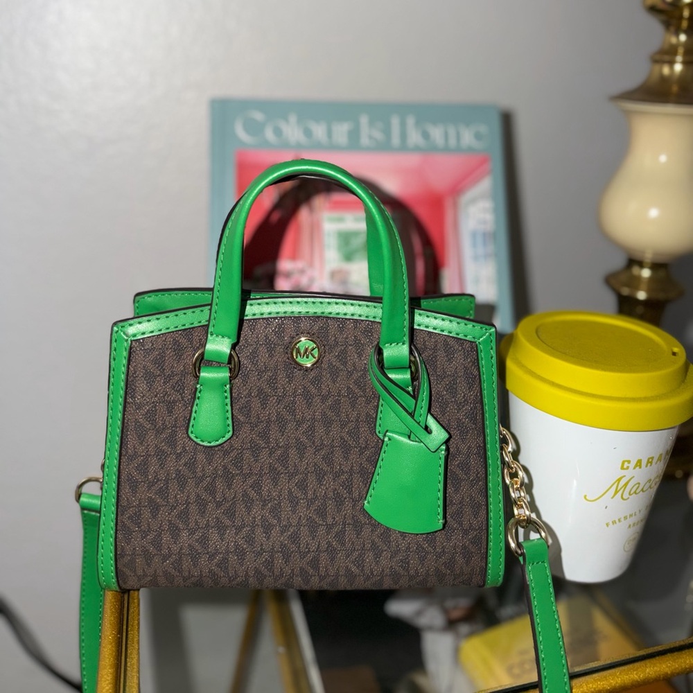 Michael Kors XS Chantal green brown logo crossbody mini bag